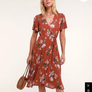 Gently worn Lulus tropical print wrap midi dress